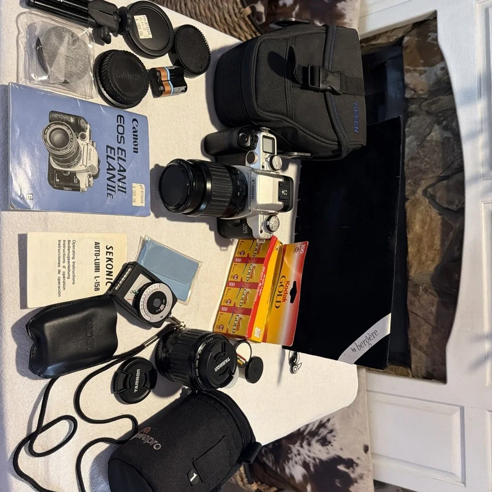 Canon EOS Elan II 35mm SLR Film Camera Bundle w/ Lenses,Bag, Manuals, For Parts